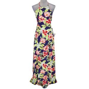 Lulus Dress Womens Small Maxi Navy Blue Pink Floral Halter Lined Zip Strappy New
